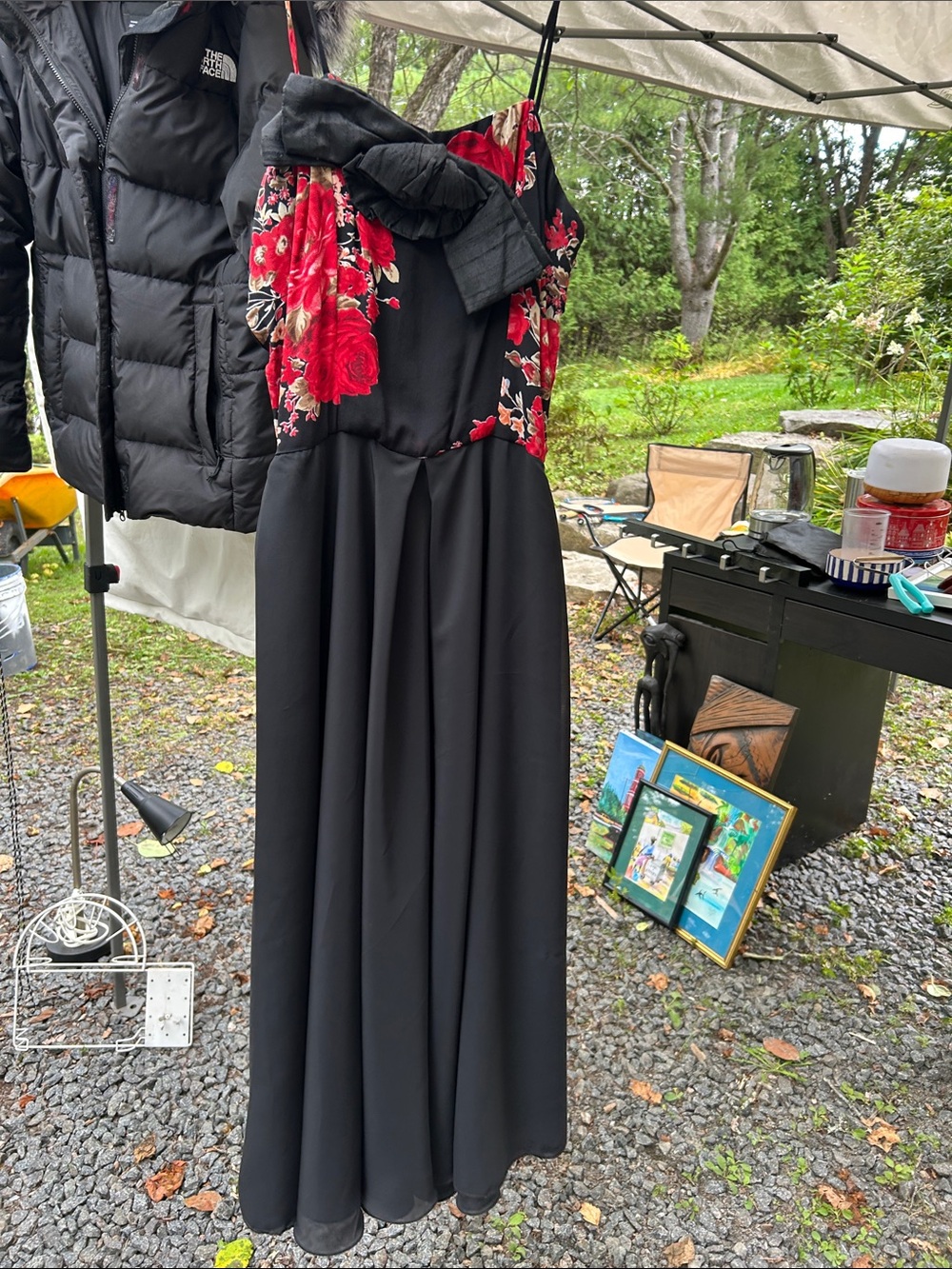 Black Strapless Evening Dress with Red Floral Bodice
